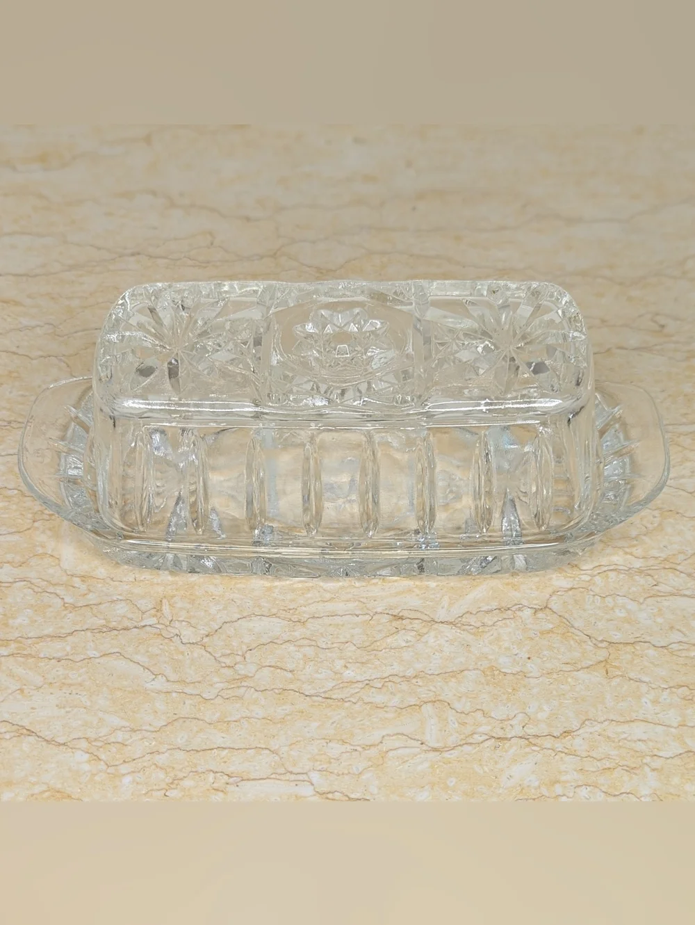Vintage Anchor Hawking Prescut Clear Glass Star & Fan Design Butter Dish & Cover